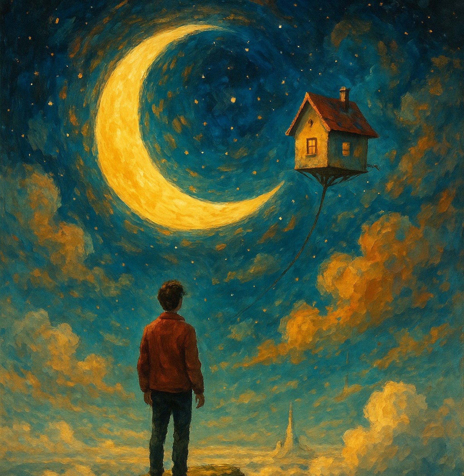 Imagem ilustrativa de apoio. ParaTodosVerem: um homem olhando para o céu, uma lua e uma casa flutuante (Foto: Ilustração gerada pelo ChatGPT)