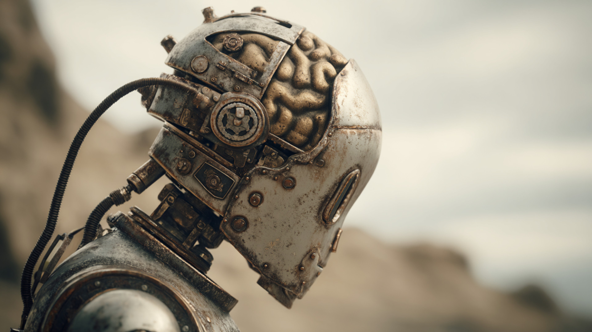 Script usado: robot, brain, Photography, Shot on 70mm, Depth of Field, Canon EOS camera, extremely detailed textures --ar 16:9 --v 7.0 (Foto: Imagem gerada por Inteligência Artificial (script próprio): Midjourney)