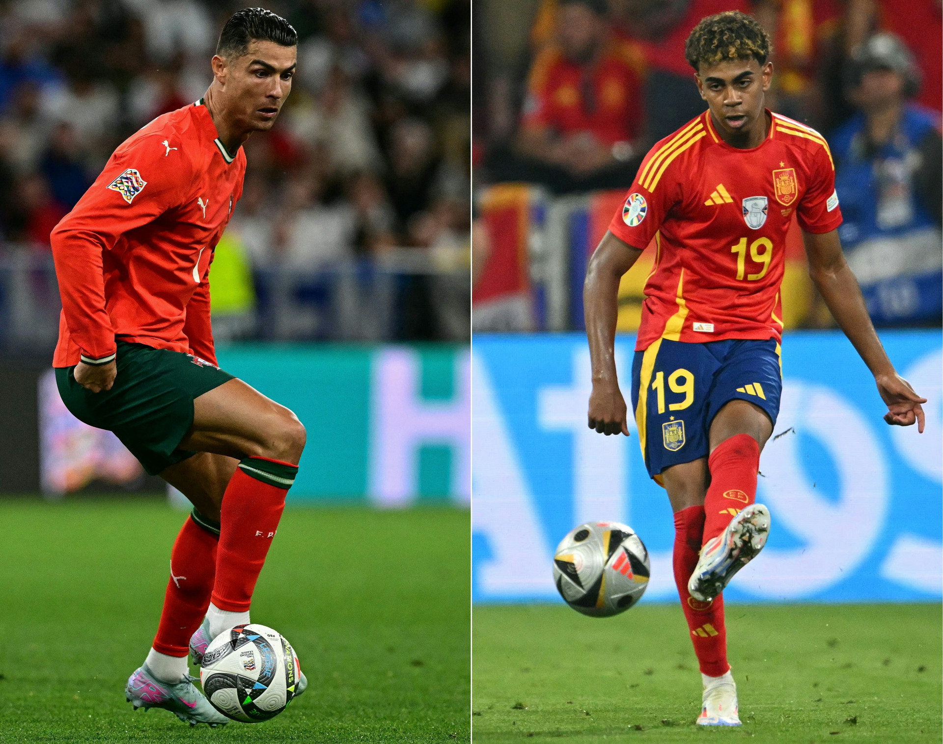 Cristiano Ronaldo e Lamine Yamal fazem duelo de gerações em final da Nations League (Foto: TOBIAS SCHWARZ, FABRICE COFFRINI / AFP)