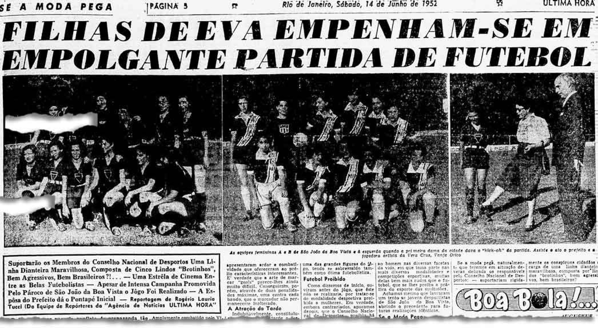 Noticia do Jornal Última Hora sobre o futebol feminino em 1952 (Foto: Biblioteca Nacional Digital / Reprodução: Agência Senado)