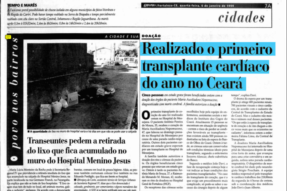 Matéria do O POVO de 1999 sobre o transplante de Antônio Moura(Foto: O POVO DOC)