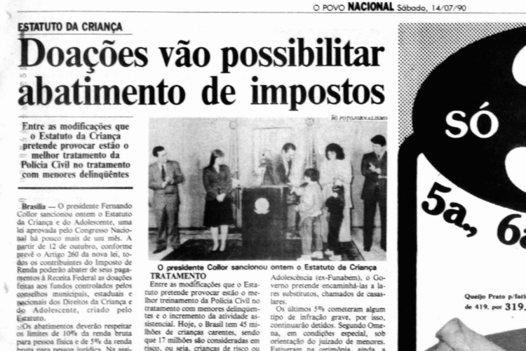 Há 35 anos era sancionado o Estatuto da Criança e do Adolescente (ECA), em 13 de julho de 1990, pelo então presidente Fernando Collor de Mello.(Foto: O POVO É HISTÓRIA)