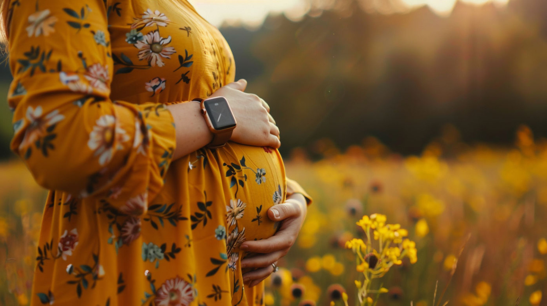 Script usado: Pregnant woman, apple watch, Photography, Shot on 70mm, Depth of Field, --ar 16:9 --v 6.0 (Foto: Imagem gerada por Inteligência Artificial (script próprio): Midjourney)