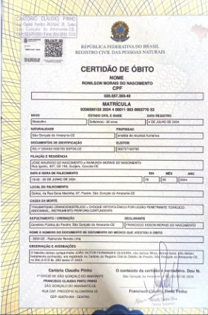 Fac-símile do atestado de óbito de Ronilson Morais do Nascimento, analista portuário morto em junho de 2024(Foto: REPRODUÇÃO)