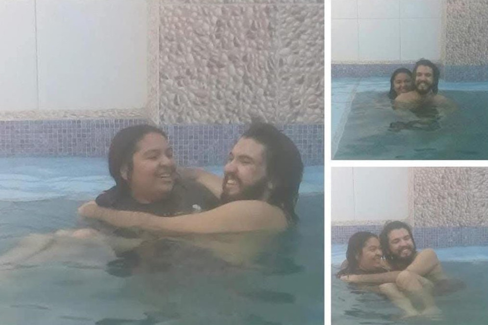 ParaTodosVerem: Karine Vieira e Ruben Davi brincando durante um banho de piscina(Foto: Reprodução/ Arquivo pessoal)