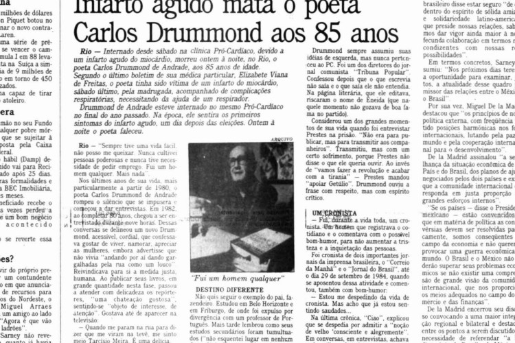 Há 38 anos, no dia 17 de agosto de 1987, falecia o poeta Carlos Drummond de Andrade.(Foto: O POVO DOC)