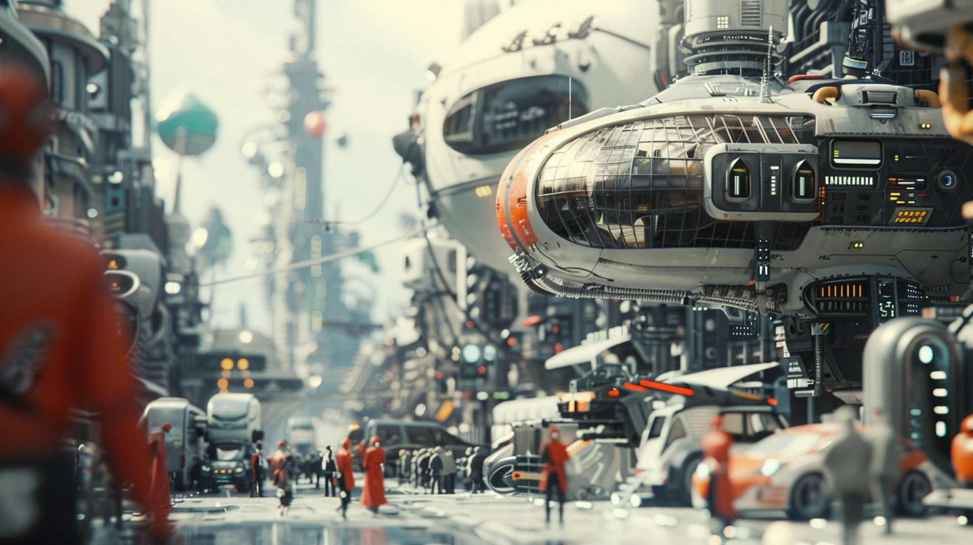 Script usado: close-up of a city of the future, people walking, future, technopunk, futuristic cars, robots, Photography, Shot on 70mm, Depth of Field, --ar 16:9 --v 6.0 (Foto: Imagem gerada por Inteligência Artificial (script próprio): Midjourney)