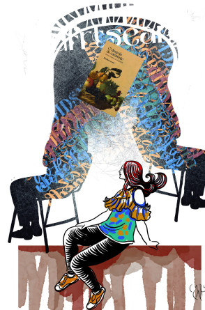 ParaTodosVerem: uma ilustração mostra uma mulher sentada de forma relaxada, com roupas coloridas e cabelos longos, diante de duas silhuetas sobrepostas por letras e texturas. Ao centro, há um livro flutuando com a capa visível, trazendo destaque ao elemento literário da cena(Foto: Ilustração de Carlus Campos com Tela Canestra di Frutta, de Caravaggio e capa de Igor de Castro Xavier)