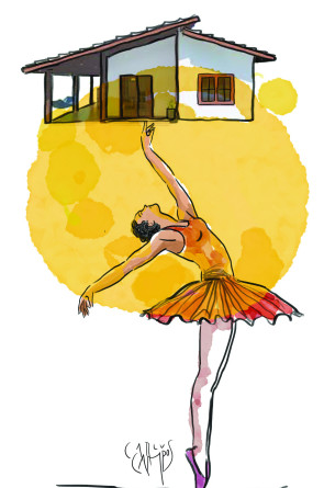 ParaTodosVerem: Uma ilustração mostra uma bailarina em ponta, usando collant e saia em tons de laranja, com os braços estendidos. Acima dela, aparece o desenho de uma casa simples, com telhado de duas águas e paredes brancas.(Foto: Carlus Campos)