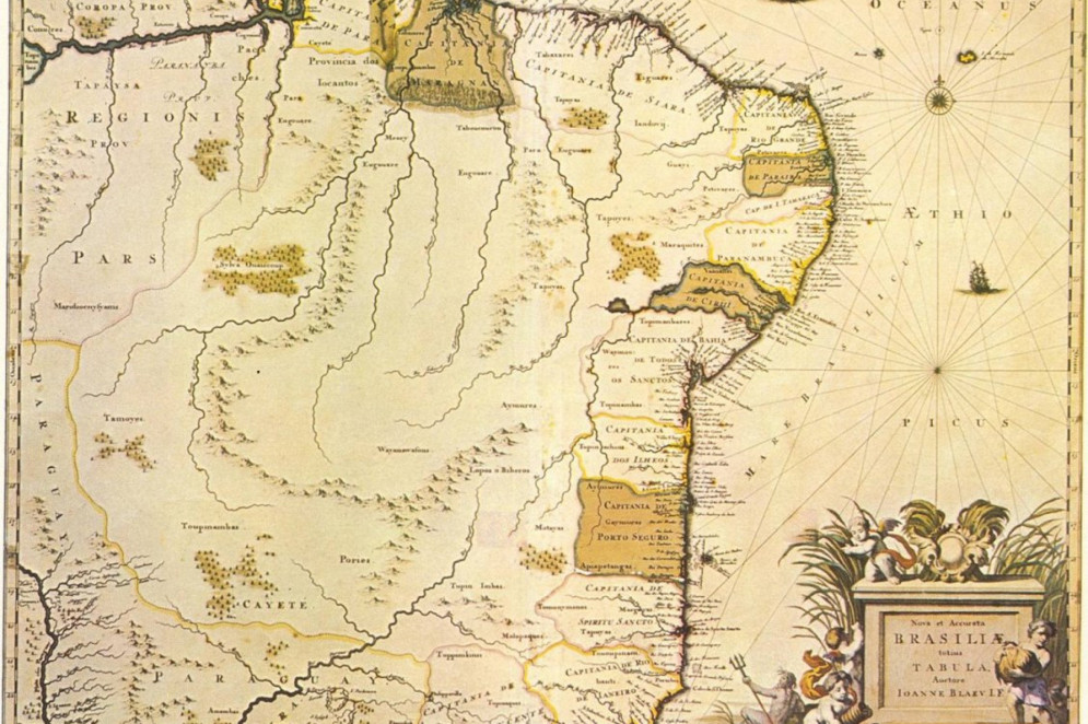 Mapa de Joan Blaeu de 1640 já com nova denominação de várias capitanias. 1640 marcou a restauração da independência de Portugal, o que significou o fim do domínio espanhol e a retomada do controle português sobre o Brasil.(Foto: Joan Blaeu/Ministério das Relações Exteriores do Brasil)
