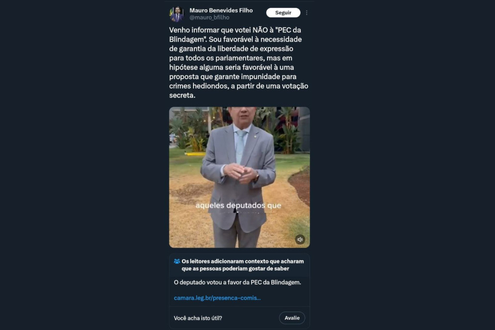 (Foto: Reprodução/X/mauro_bfilho)Nota da comunidade em postagem do deputado federal Mauro Filho (PDT)