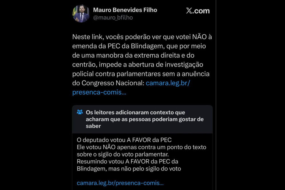 (Foto: Reprodução/X/mauro_bfilho)Deputado Mauro Benevides Filho (PDT) nega ter votado favorável a PEC da Blindagem e é desmentido por nota da comunidade