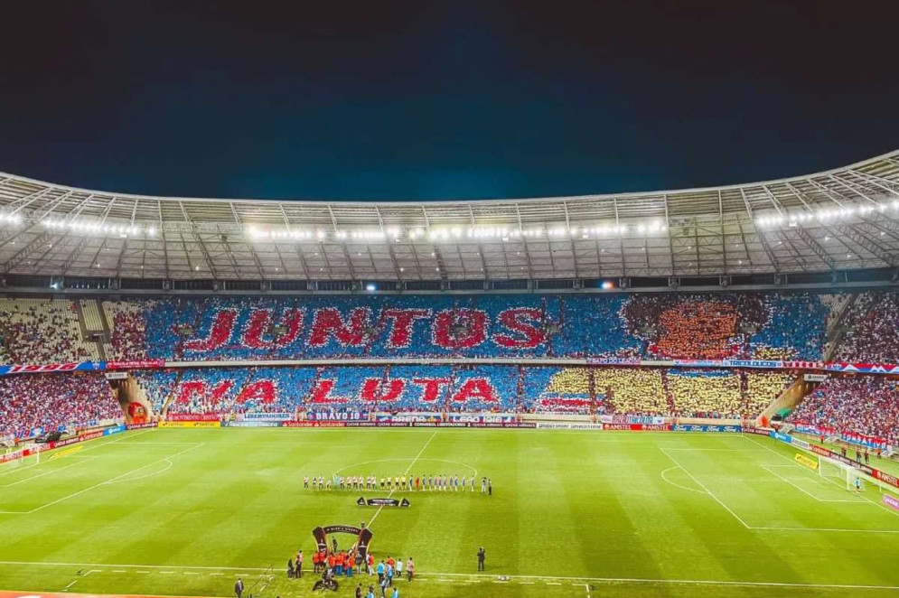 Mosaico da torcida do Fortaleza diz: 'Juntos na Luta'. Ao lado, uma representação de Pedro Basílio, ídolo do time, um grande zagueiro cearense na história, considerado pelos desportistas mais antigos como o maior defensor que jogou no Fortaleza(Foto: Matheus Amorim/FEC)