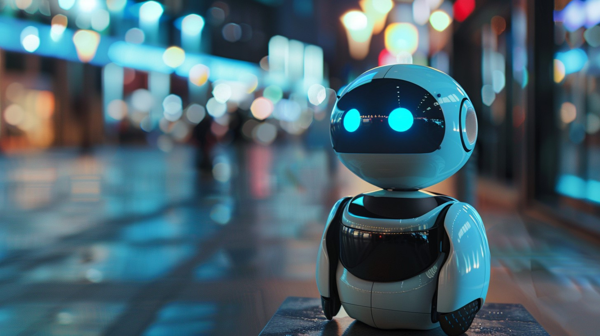 ParaTodosVerem: um robô de aparência amigável, com corpo branco e rosto preto iluminado por olhos azuis, está em uma rua urbana à noite. O fundo mostra luzes coloridas e desfocadas da cidade, criando um clima futurista e tecnológico (Foto: Imagem gerada por Inteligência Artificial (script próprio): Midjourney)