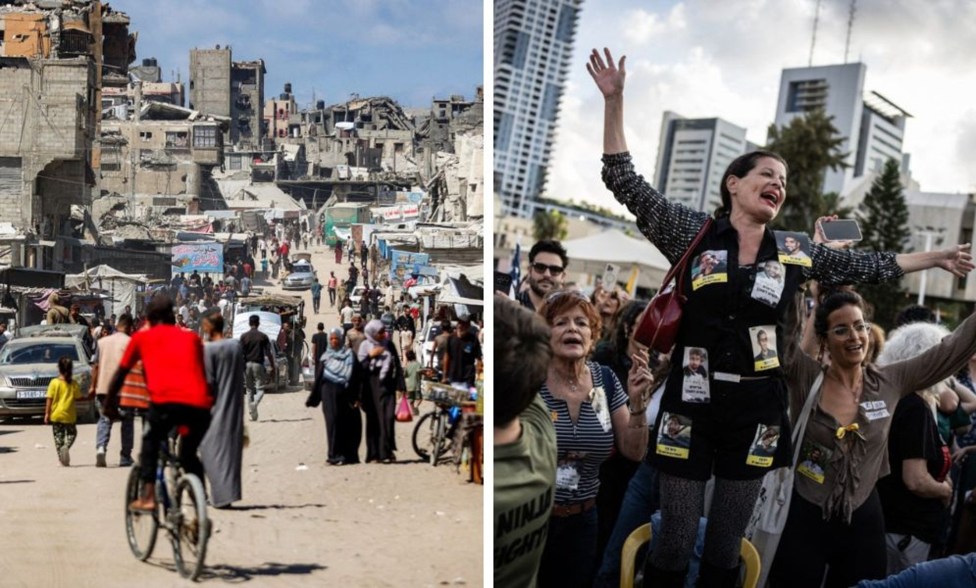 Pessoas passam por prédios danificados, no sul da Faixa de Gaza (E). Israelenses nas ruas após anúncio do cessar-fogo (D)
 (Foto: Omar AL-QATTAA / AFP e JOHN WESSELS / AFP)