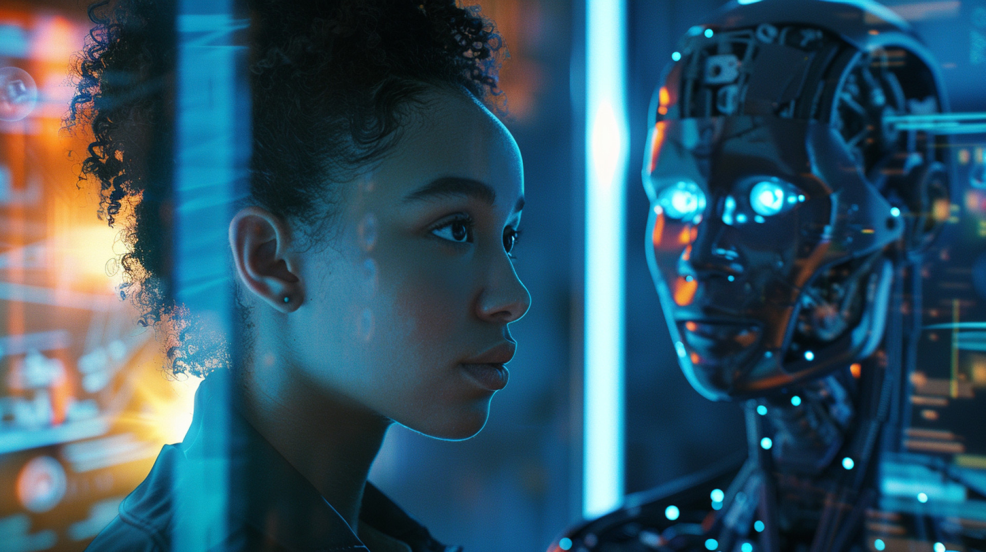 ParaTodosVerem: uma mulher observa de perto um robô humanoide com olhos iluminados em azul. A cena é envolta por luzes frias e reflexos tecnológicos, criando um contraste entre a expressão humana e o brilho metálico da máquina (Foto: Imagem gerada por Inteligência Artificial (script próprio): Midjourney)