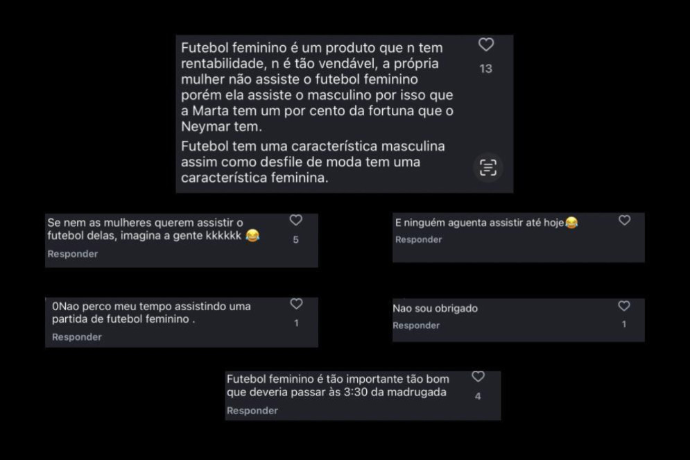 Seleção de comentários na publicação do OP+ sobre futebol feminino (Foto: Arquivo Pessoal ) Seleção de comentários na publicação do OP+ sobre futebol feminino (Foto: Arquivo Pessoal )
