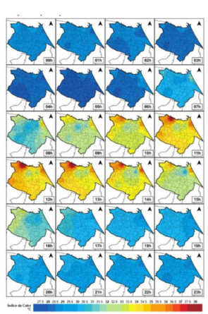 Espacialização das médias horárias do Índice de Calor (HI) para o mês de outubro de 2019(Foto: Antonio Ferreira Lima Júnior, lávia Ingrid Bezerra Paiva Gomes, Maria Elisa Zanella)