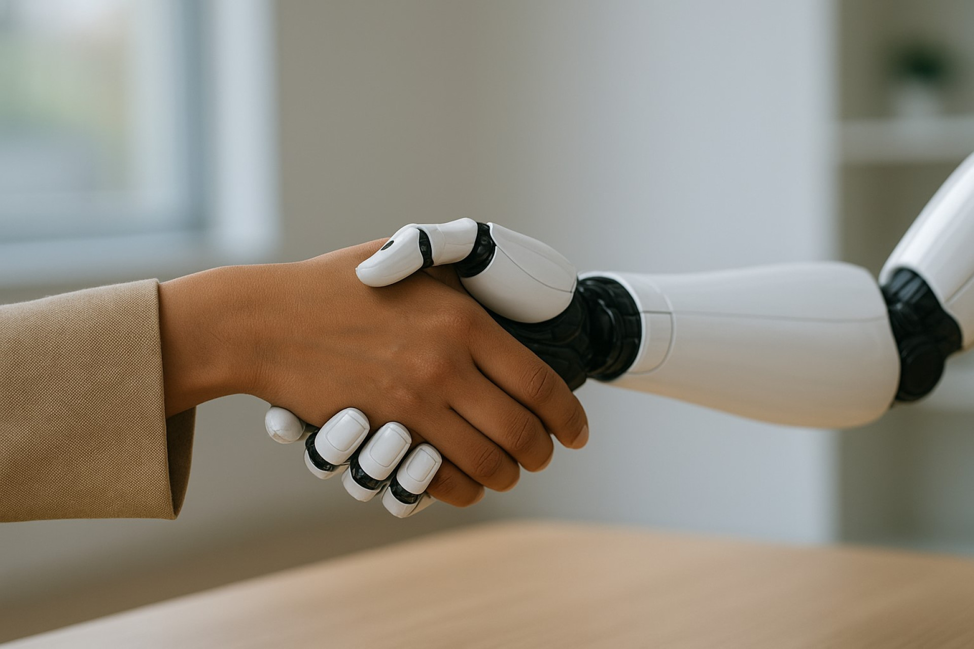 ParaTodosVerem: a mão de uma pessoa tocando a mão metálica de um robô, em um gesto de conexão. O fundo é iluminado por luzes azuis (Foto: Divulgação/ChatGPT)