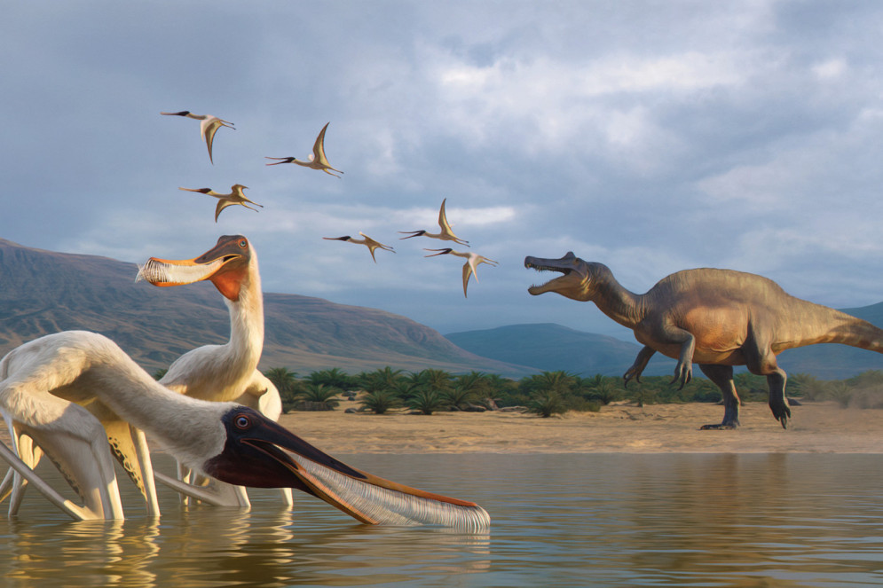Reconstrução artística do pterossauro filtrador Barikibu waridza, no ambiente da Formação Romualdo do Cretáceo Inferior. O espinossauro ao fundo representa o suposto predador que produziu o regurgito(Foto: Julio Lacerda)