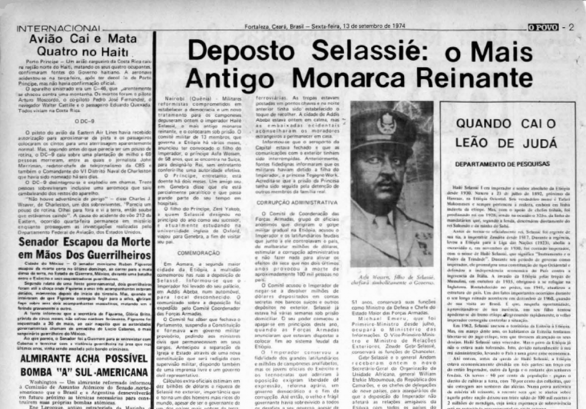 Matéria do O POVO de setembro de 1975 registrava queda de Ras Tafari