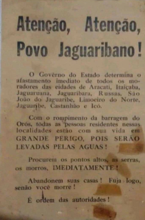 Panfleto distribuído à população quando se rompeu a barragem do Orós(Foto: REPRODUÇÃO)
