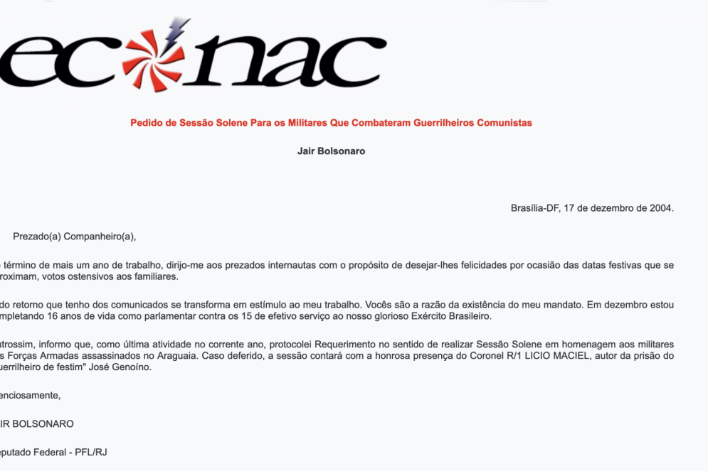 Carta assinada por Jair Bolsonaro, em 2004 no site neonazista Econac(Foto: Reprodução)