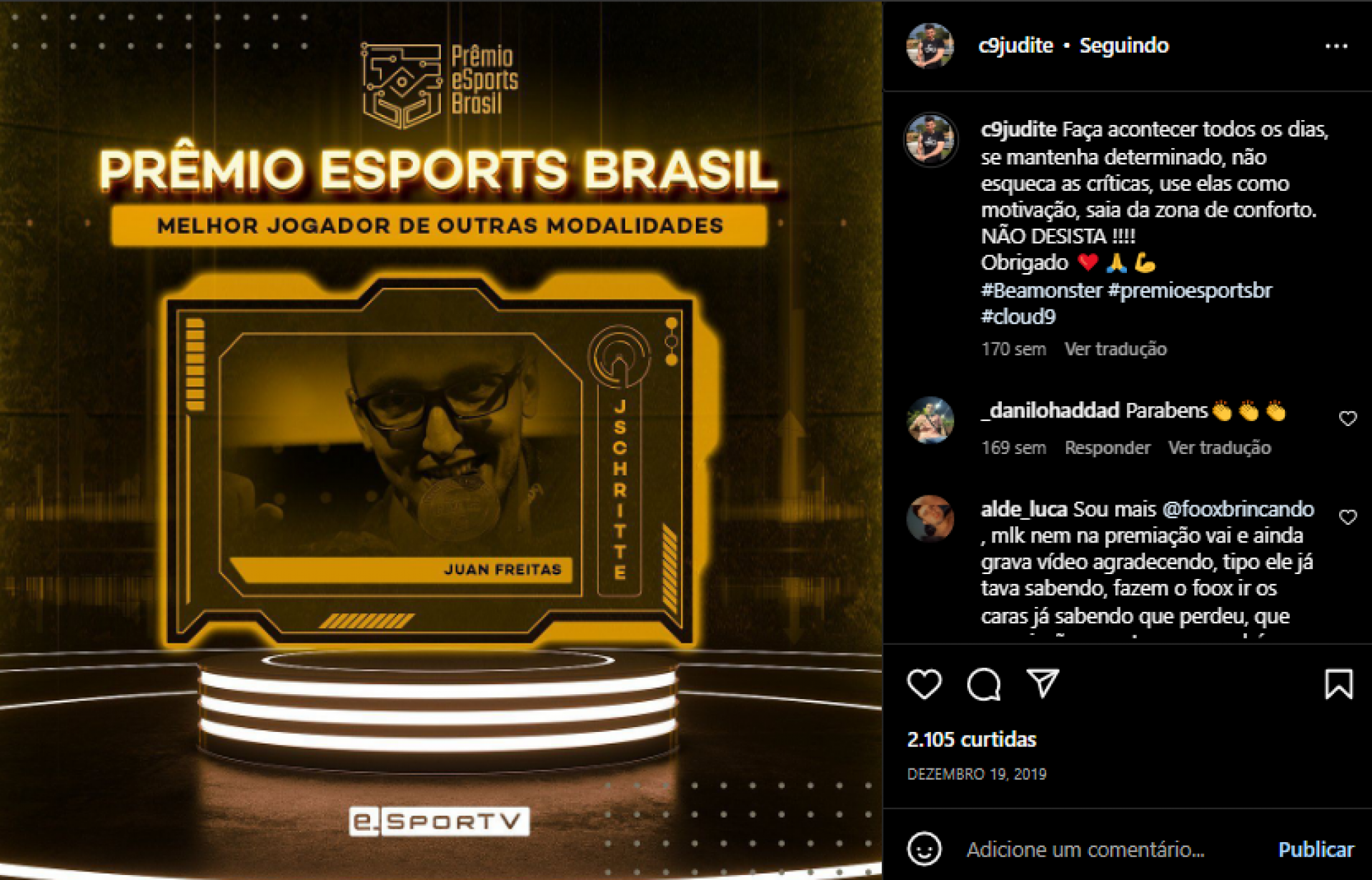 Juan Judite conquistou o Prêmio Esports Brasil, na categoria "Melhor jogador de outras modalidades", em 2019(Foto: Instagram / Reprodução)