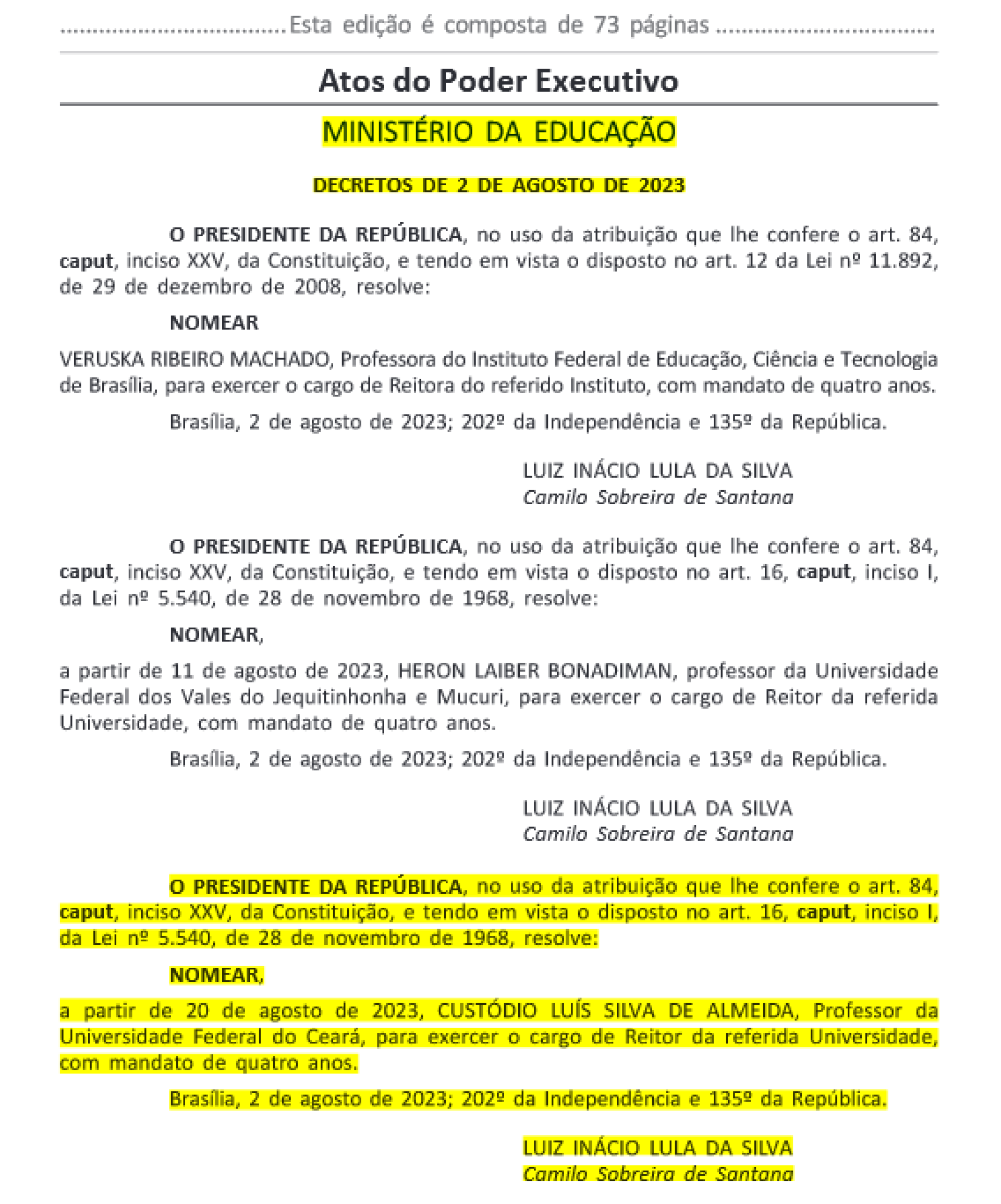 Nomeação do professor Custódio Almeida como reitor da Universidade Federal do Ceará (UFC)(Foto: Diário Oficial da União)