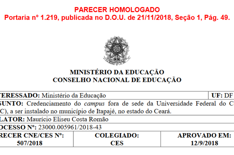 Em setembro de 2018, o Conselho Nacional de Educação (CNE) aprovou o credenciamento do Campus de Itapajé e de suas dez licenciaturas(Foto: Ministério da Educação)