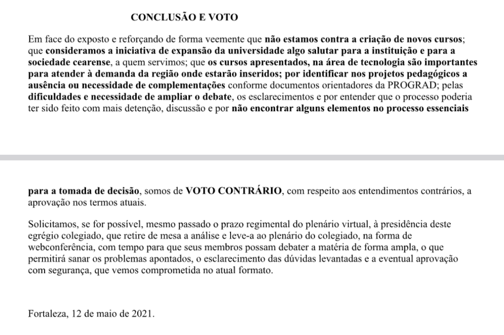 Vinte conselheiros da UFC declararam voto contrário ao projeto reformulado do Campus de Itapajé(Foto: Conselho de Ensino, Pesquisa e Extensão da UFC)