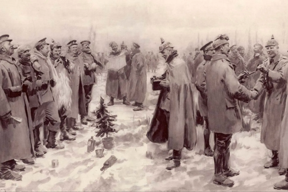 lustração da trégua de Natal, publicada pelo Illustrated London News mostra britânicos e alemães se confraternizando e trocando presentes, no campo de batalha, em 1914(Foto: Reprodução Enciclopédia Britânica)