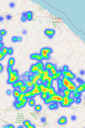 Mapa de calor das áreas de risco de atropelamento de animais silvestres no Ceará.(Foto: EnvironBIT)