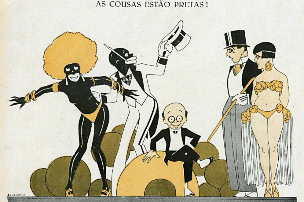 A caricatura de Belmonte, na revista "Careta", com o personagem Juca Pato (ao centro) foi apenas uma das dezenas de reações racistas ao espetáculo (Foto: Revista Careta / Acervo da Biblioteca Nacional )