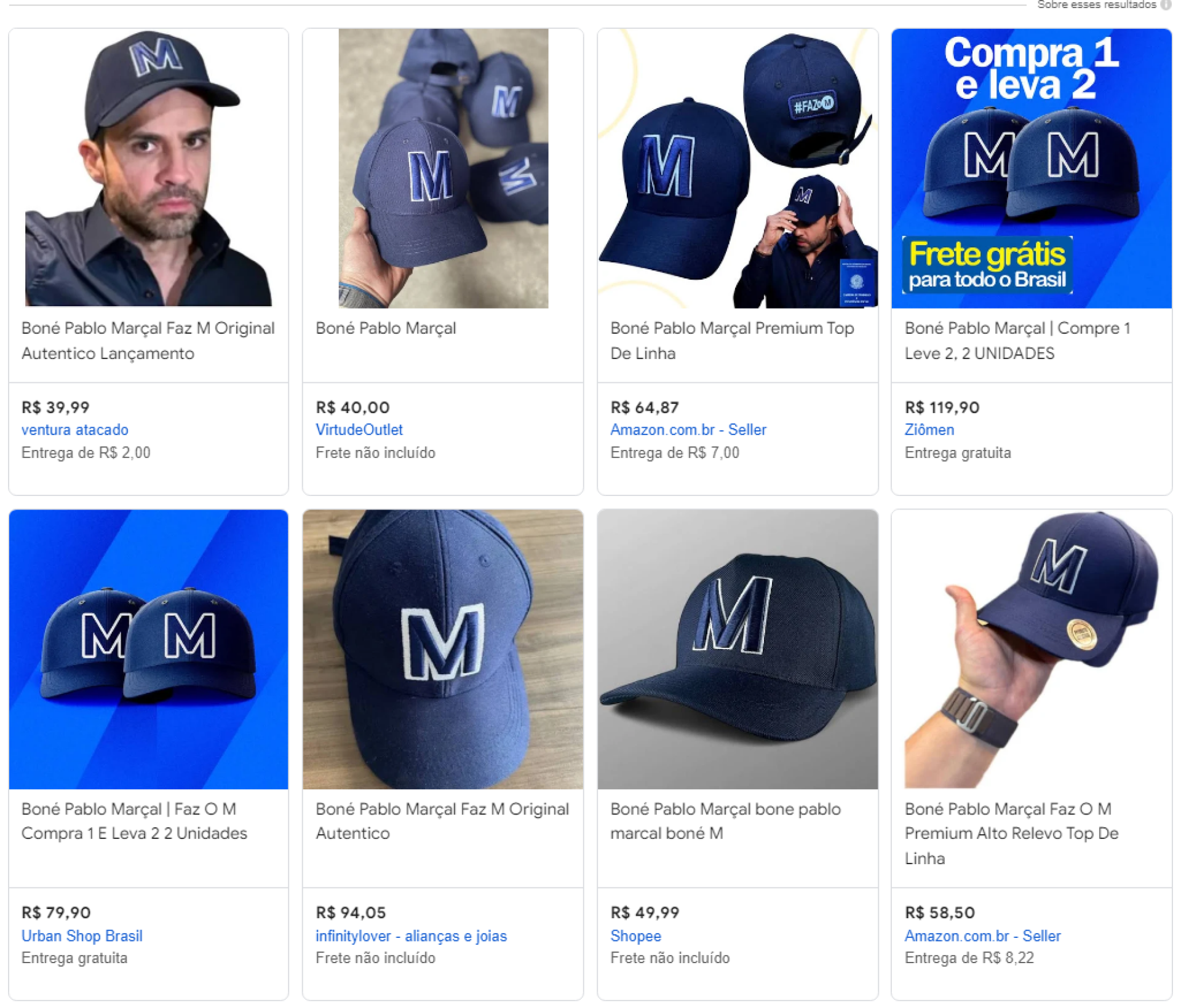 No Google Shopping, ferramenta que agrega ofertas de produtos, é possível encontrar o boné, oferecido por dezenas de lojas a preços variados (Foto: O POVO)