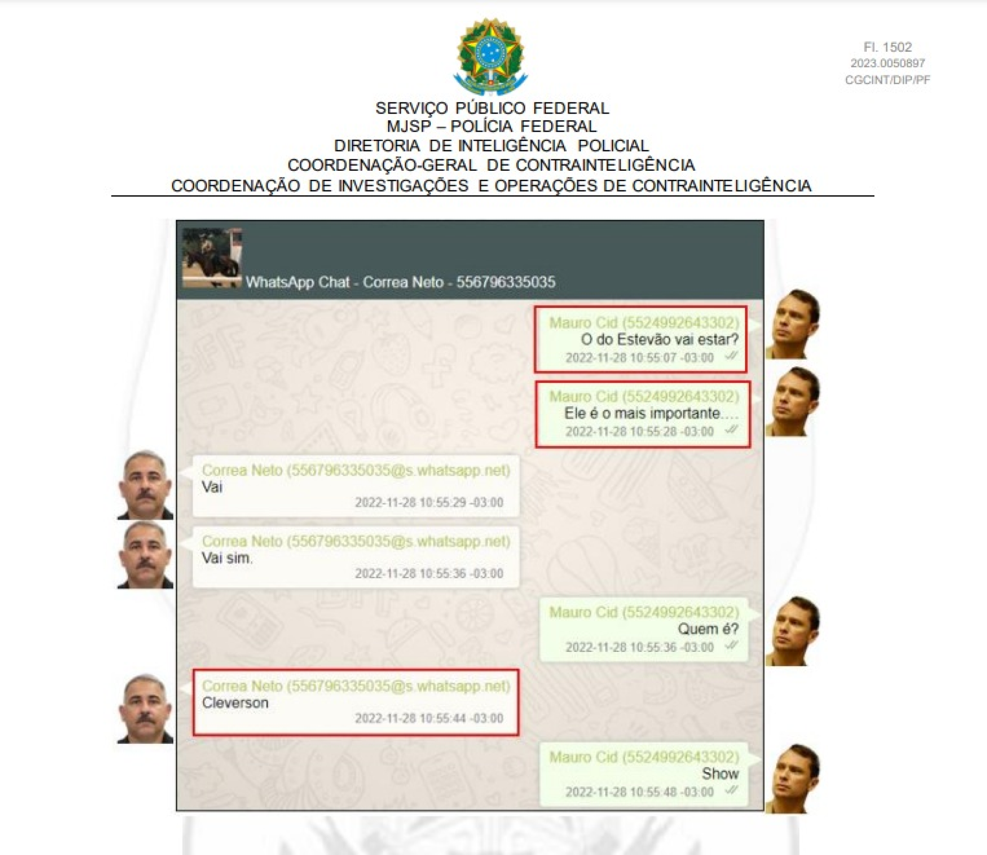 Troca de mensagens entre Correa Netto e Mauro Cid sobre a aproximação deles com Cleverson Ney Magalhães, então assistente de Estevam Theophilo(Foto: Captura de tela do relatório da Polícia Federal)