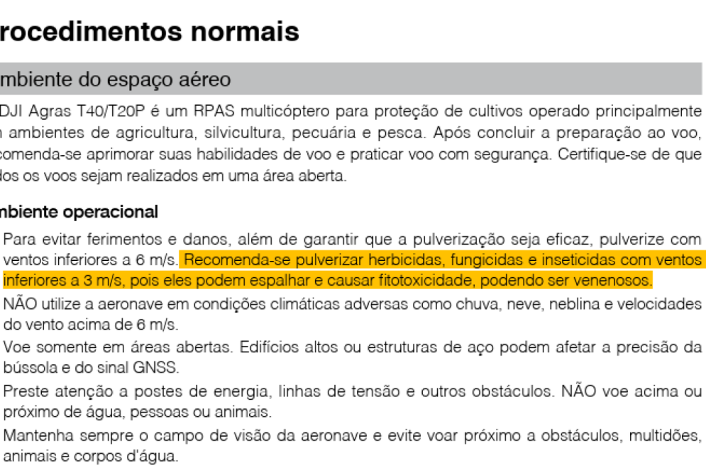 Trecho do manual de voo dos drones Agras T40 e Agras T20P, da DJI(Foto: Reprodução/DJI)