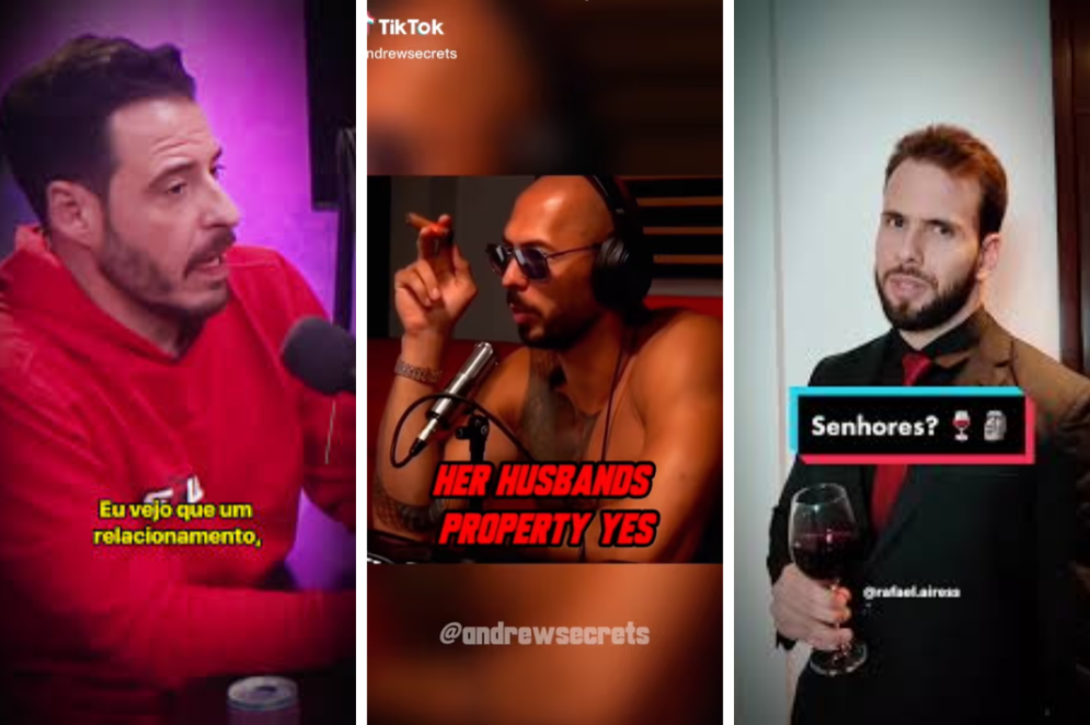 A exaltação da figura masculina e de uma postura dominante é regra entre os redpill. Na montagem aparecem trechos de três influenciadores que se destacam no nicho: Thiago Schulz, Andrew Tate e Rafael Aires (Foto: Montagem/O POVO+)