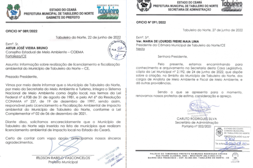 Para todos verem: imagem é uma montagem de dois ofícios da Prefeitura de Tabuleiro do Norte. O da esquerda representa a solicitação do licenciamento municipal, enquanto somente no da direita - de cinco dias depois, há a criação dos cargos(Foto: Reprodução/Escritório Frei Tito/Leis Municipais)