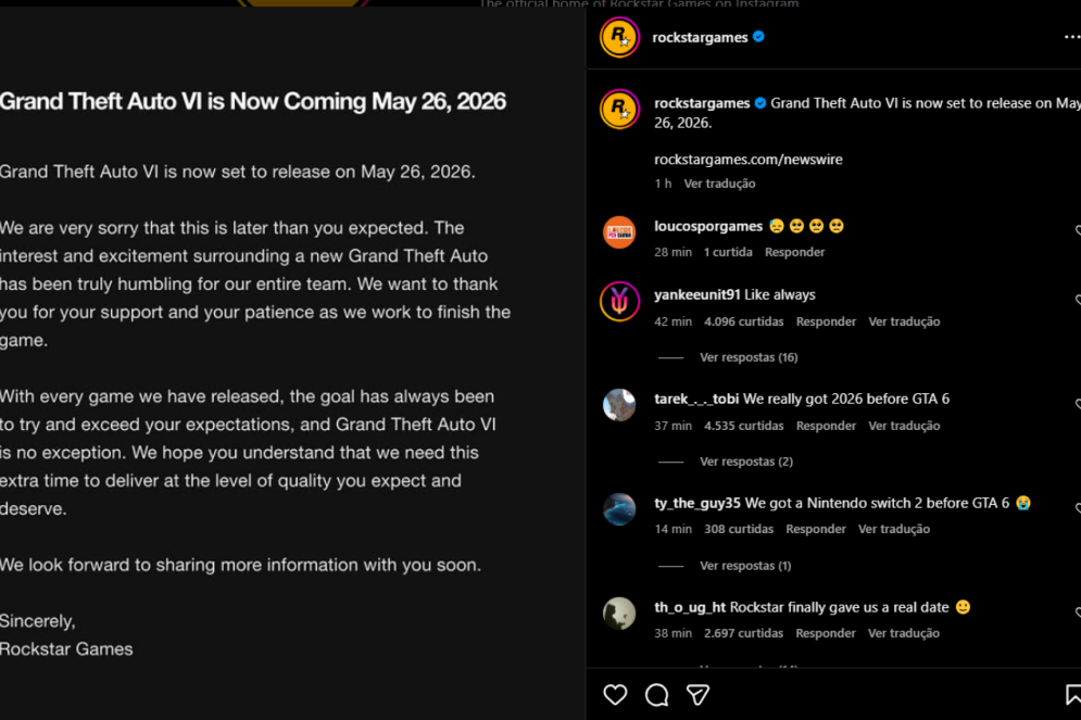 Na manhã desta sexta-feira, 2, a Rockstar lançou nota por meio das redes sociais informando sobre o lançamento do seu mais novo título(Foto: Rockstar Games / Instagram)