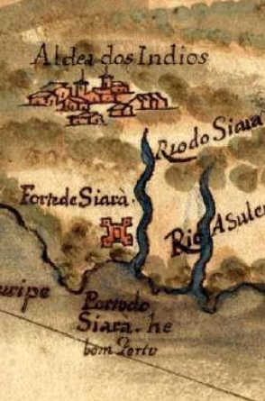 Fragmento do mapa Siará (1629), de Albernaz, representa uma área geográfica do litoral cearense com destaque para elementos como rios ("Rio da Cruz"), acidentes geográficos ("Buracodas Tartarus ou Lura coaquara", "boa bahia"), e a indicação de uma "Aldea dos Indios" onde hoje seria o bairro Parangaba. Trata-se de imagem parcial do "Pequeno atlas do Maranhão e Grão-Pará"(Foto: Albernaz/Reprodução)