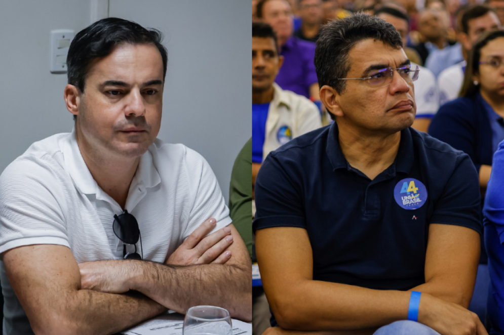 ParaTodosVerem: montagem com Capitão Wagner, à esq. e Sgt. Reginauro, à dir. Ambos são homens, de cabelos escuros. Wagner está de branco e Reginauro de azul(Foto: Daniel Galber/Especial para O POVO/Aurélio Alves/O POVO)