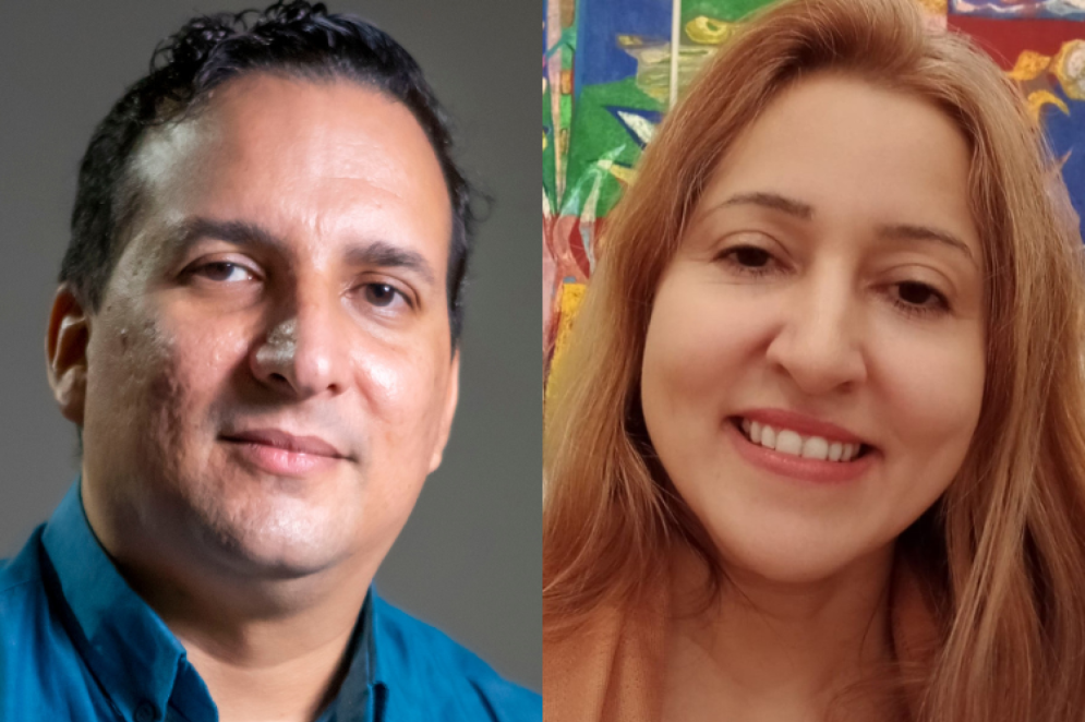 ParaTodosVerem: montagem do jornalista Ricardo Moura, à esq. e socióloga Jania Aquino,à dir. Ele é um homem de cabelos negros e camisa azul. Ela, uma mulher loira(Foto: FCO FONTELENTE/O POVO/Arquivo Pessoal/Jania Aquino)