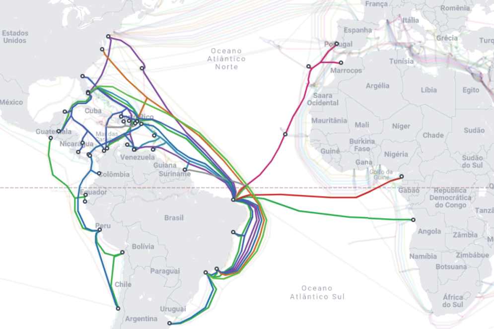 ParaTodosVerem: conexão de cabos submarinos que interligam Fortaleza ao resto do mundo(Foto: Submarine Cable Map/Reprodução)