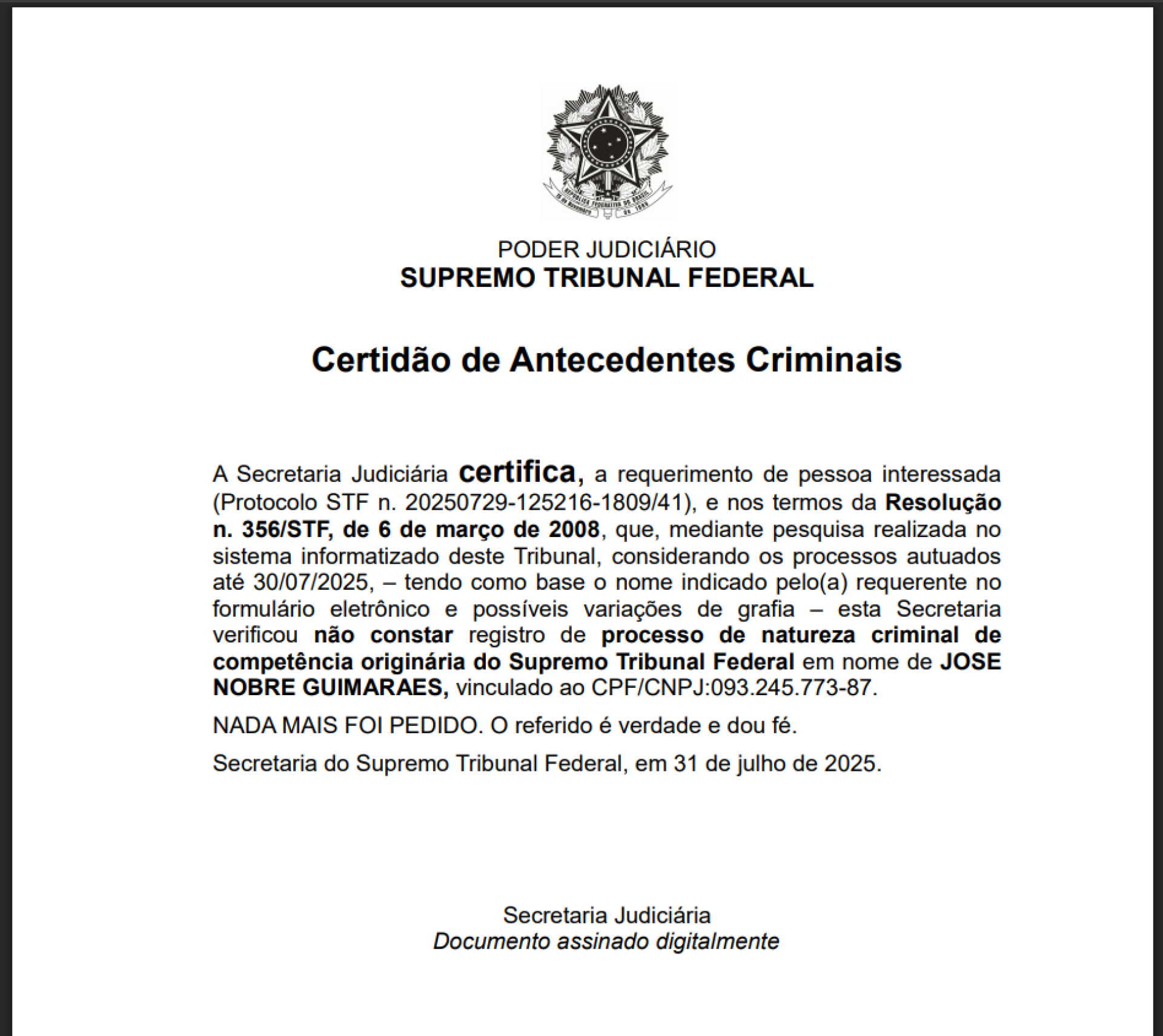 Junto com a nota de esclarecimento, o deputado José Guimaraes enviou anexada sua certidão de antecedentes criminais(Foto: Captura de tela)