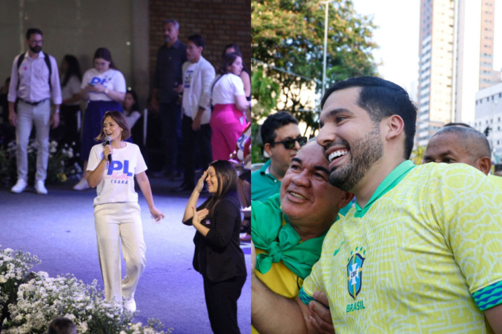 ParaTodosVerem: montagem traz à esquerda a ex-primeira-dama do Brasil, Michelle Bolsonaro, em evento evangélico. À direita, André Fernandes, durante campanha eleitoral, com apoiador(Foto: FABIO LIMA/O POVO/Daniel Galber/Especial para O POVO)