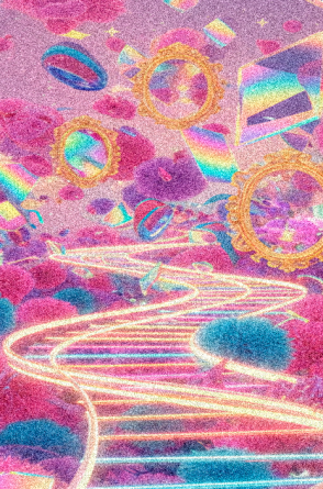 Prompt: Crie uma imagem que simbolize o reality show corrida das blogueiras, com uma estética colorida,futurista, meio camp, com texturas, neon, pelos, e que contenha imagens 3d de celular, batom, câmera, espelhos, em uma estética quase de cartoon, mas em 3d
