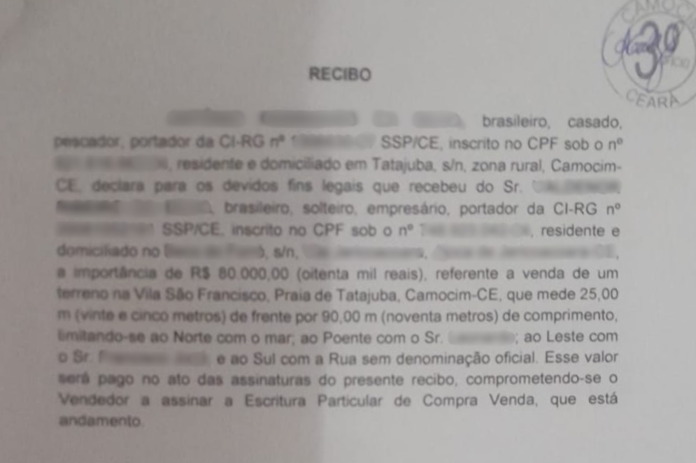 Recibo registrado em cart&oacute;rio declara a venda de um terreno de 2.250 metros quadrados em Tatajuba, Camocim, pelo valor de R$ 80 mil(Foto: Reprodu&ccedil;&atilde;o/Captura de tela)
