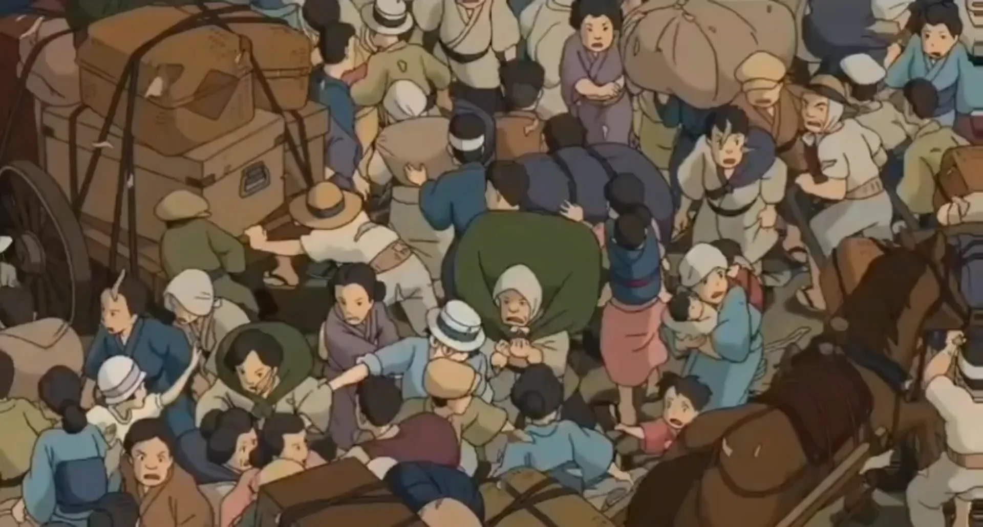 A multidão representada na animação do filme Vidas ao Vento, do estúdio japonês Ghibli, levou cerca de um ano e três meses para ficar pronta. Ela aparece durante o filme por apenas quatro segundos.(Foto: Reprodução / Vidas ao Vendo - Hayao Miyazaki)